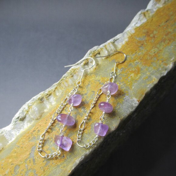 Rain Chain Amethyst Earrings, Pierced Dangle Earrings - Picture 2 of 6